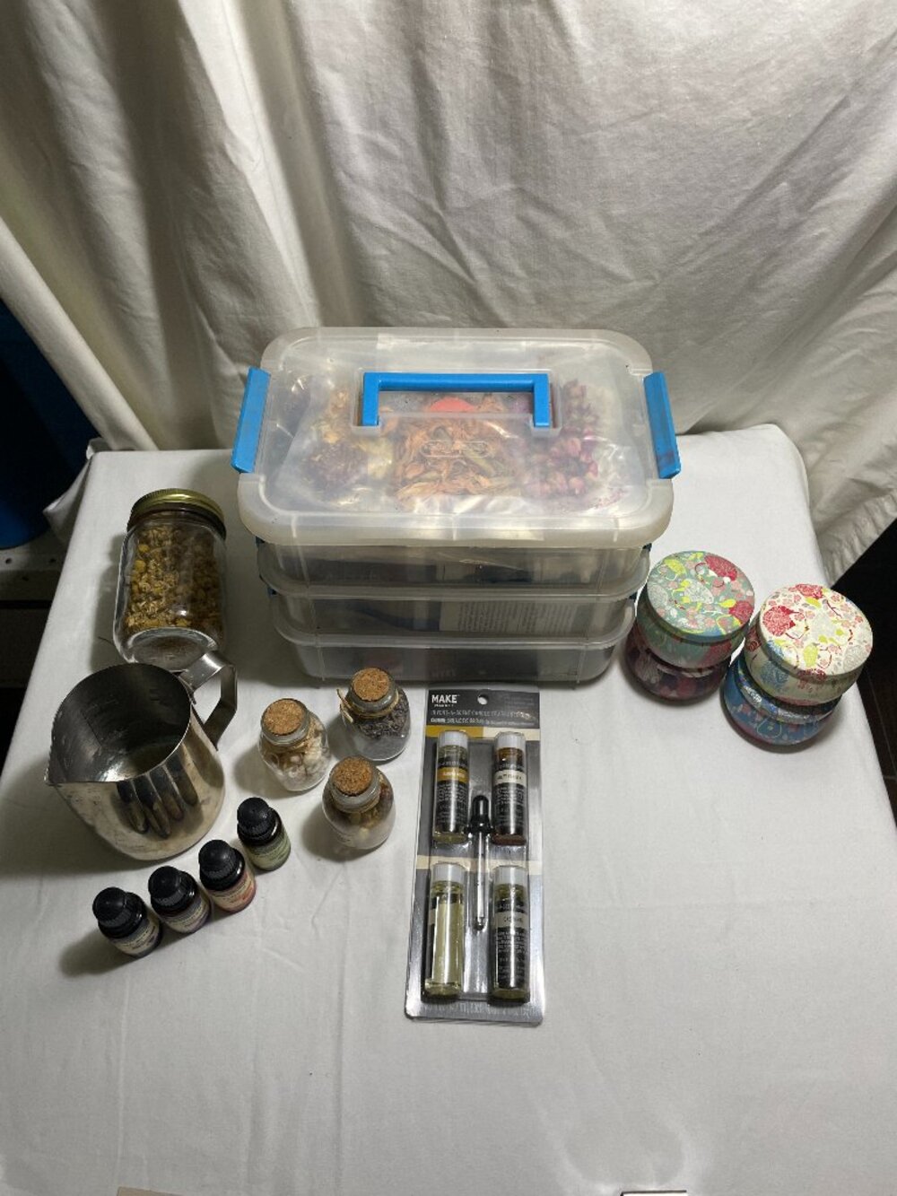 Used Candle Making Kit Supplies Lot Wicks Dyes Oils Pouring Pitcher Tins